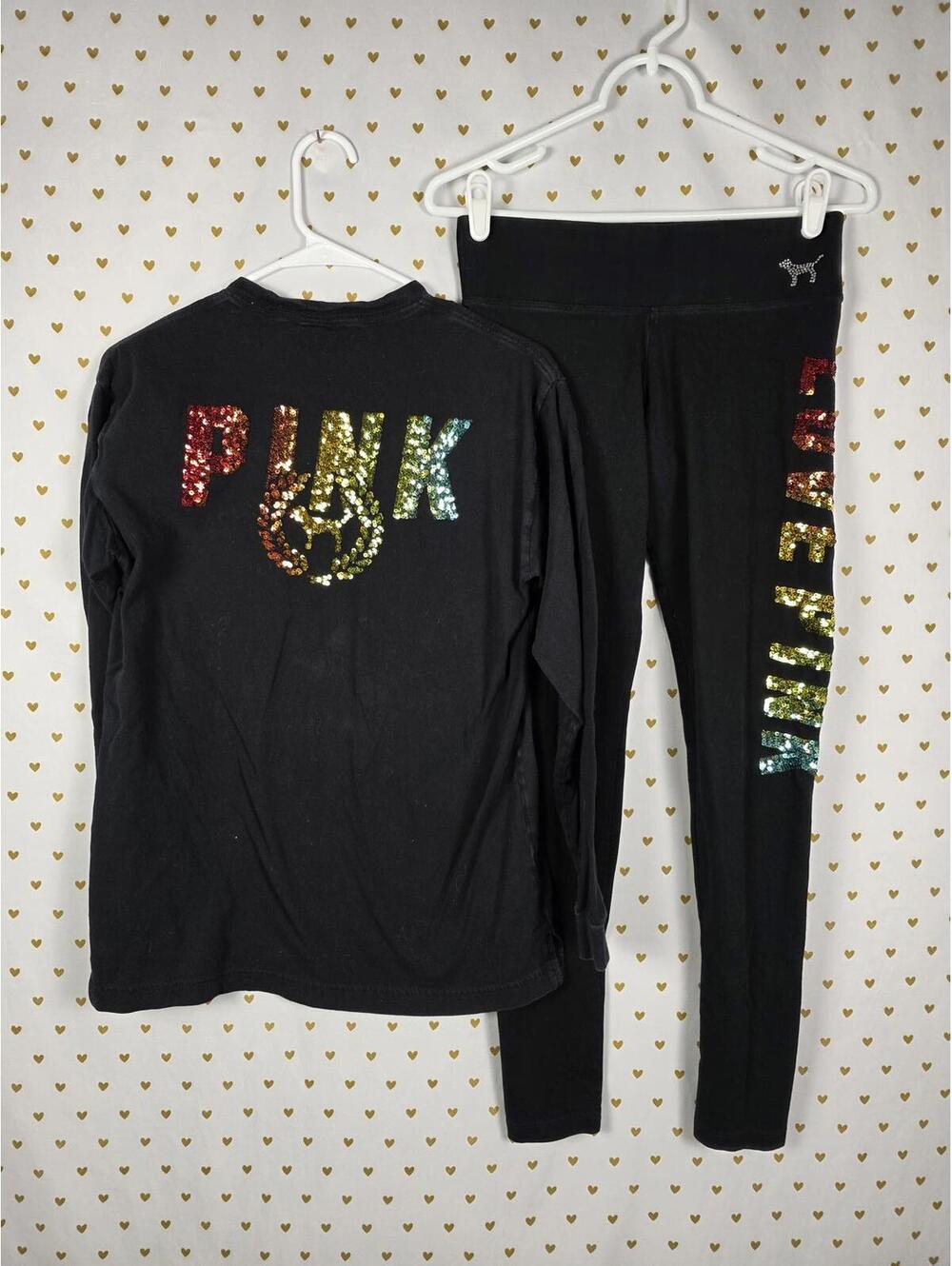 Victorias Secret PINK  RAINBOW BLING Campus Tee Shirt & Leggings SET Yoga XS SM